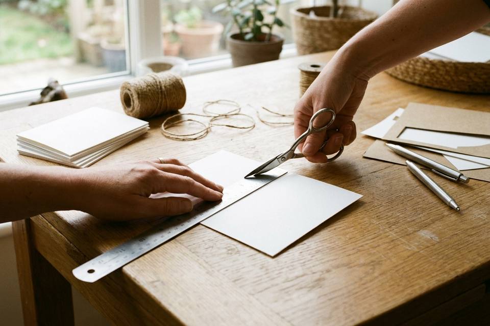 Des mains découpent et plient des rectangles de carton blanc à la règle, sur une table en chêne clair