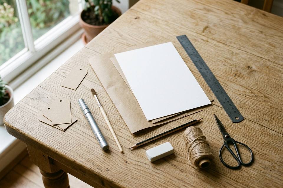Le matériel à plat : carton blanc, feutre argenté, pinceau, règle, ciseaux, ficelle, papier kraft et petites étiquettes