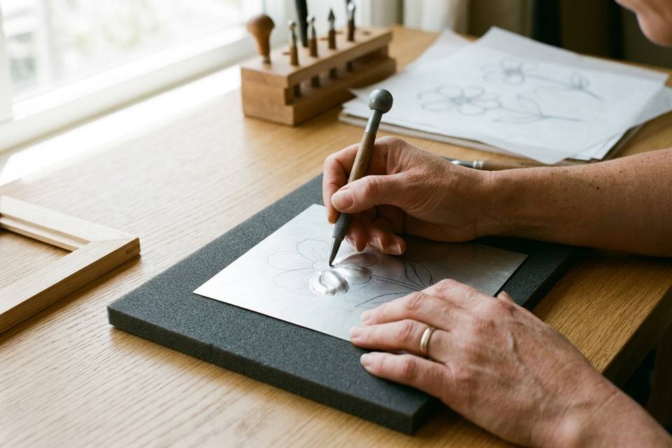 Une main retourne la feuille d'aluminium et gonfle un pétale avec un stylet à gros bout sur un tapis de mousse