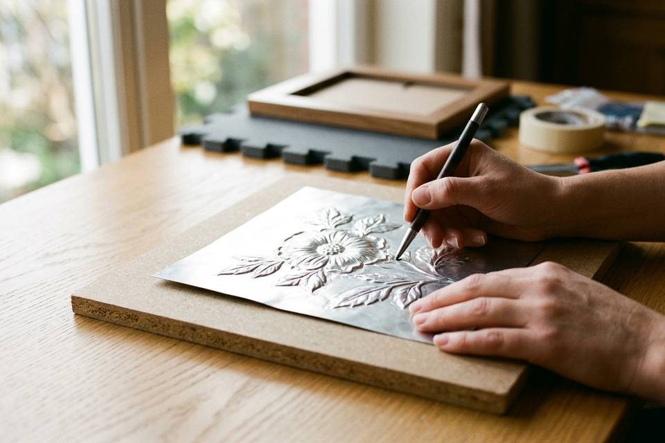 Une main lisse le fond de la plaque avec un stylet, la feuille posée sur une planche dure, la fleur en relief au centre