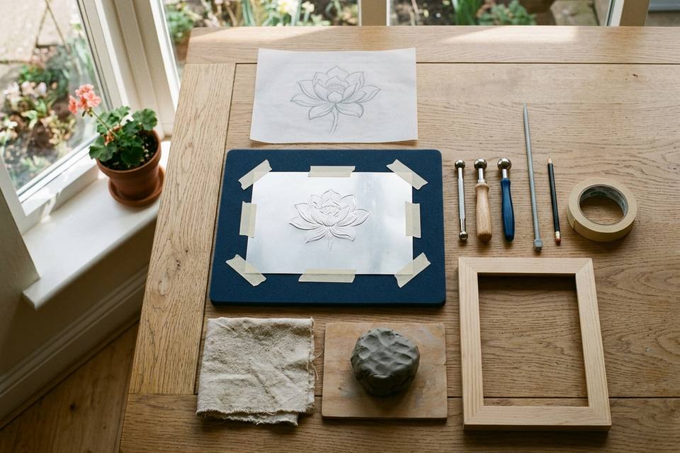 Le matériel à plat : feuille d'aluminium, stylets, aiguille à tricoter, tapis de mousse, calque, crayon, pâte à modeler et cadre en bois