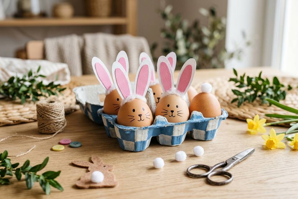 Des œufs transformés en lapins de Pâques avec des oreilles en papier et des moustaches dessinées
