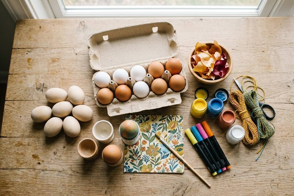 Le matériel à plat : œufs blancs et bruns, œufs en bois, épluchures d'oignon, pinceaux, feutres, serviettes en papier et ficelle