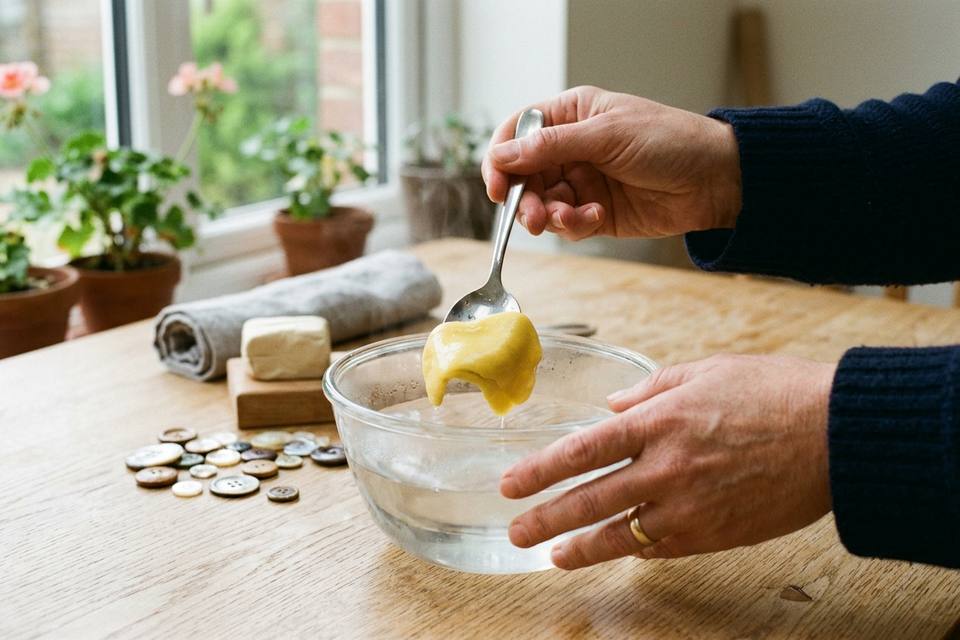 Deux mains sortent un morceau de pâte à mouler jaune d'un bol d'eau chaude avec une cuillère