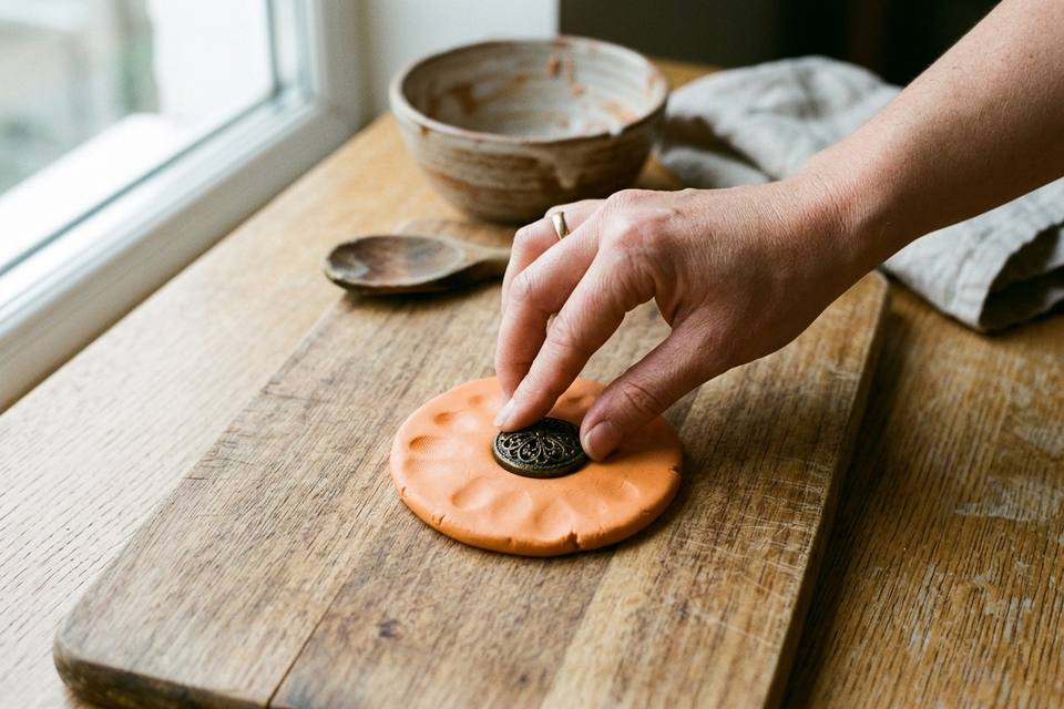 Une main appuie un bouton ancien au centre d'une galette de pâte à mouler orange posée sur une planche