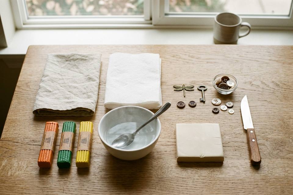 Le matériel à plat : des pains de pâte à mouler de plusieurs couleurs, un bol d'eau chaude, une cuillère, des boutons et une breloque à copier, de la pâte polymère