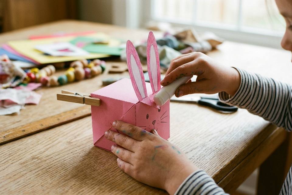 Des mains d'enfant plient le patron du cube et collent une languette pour fermer la tête du lapin