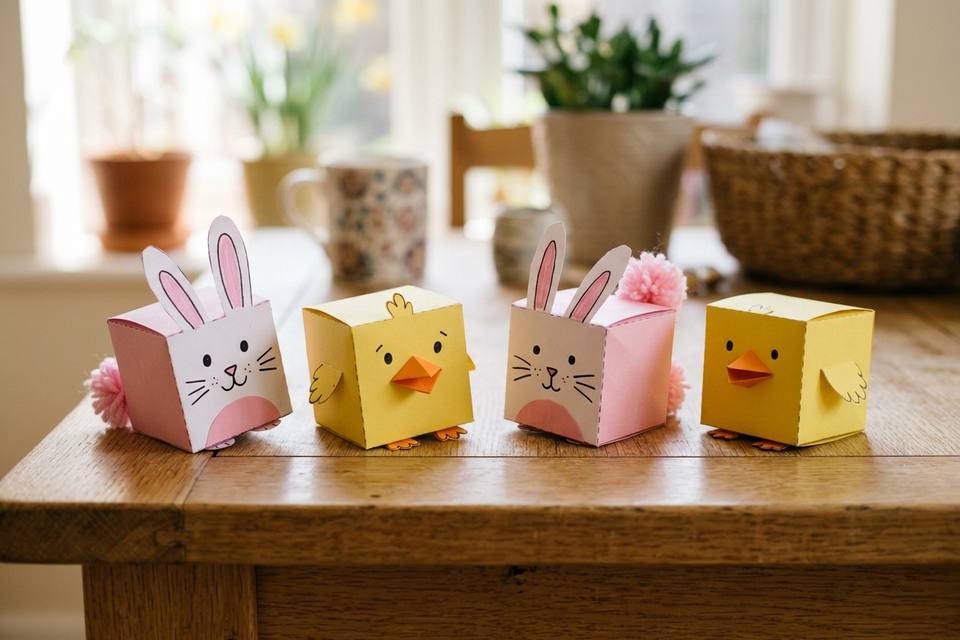 Une rangée de lapins et de poussins en papier terminés, avec pompons et visages dessinés