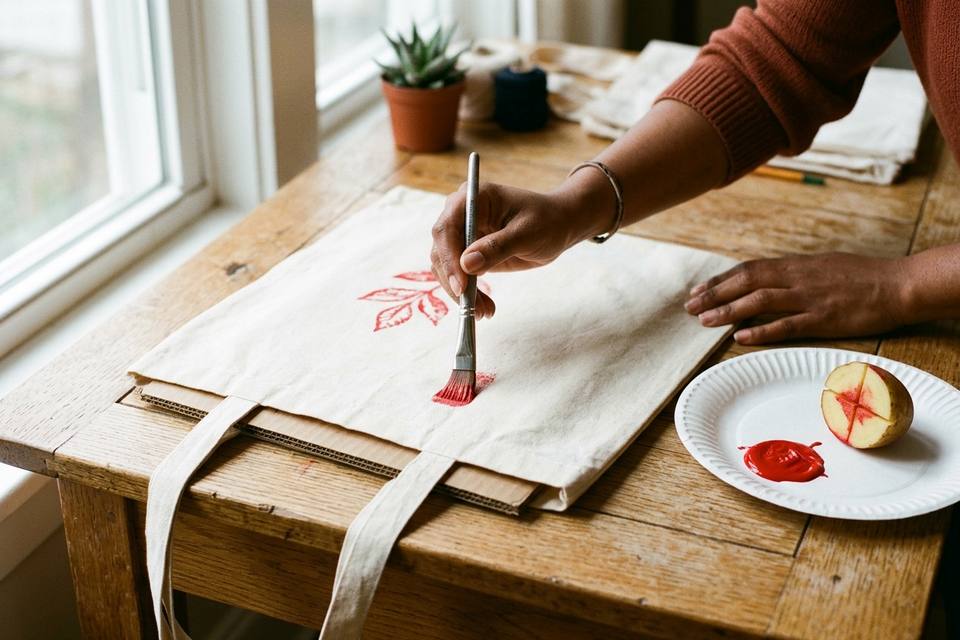 Une main applique au pinceau de la peinture rouge sur un tote bag en coton tendu sur une table en chêne clair