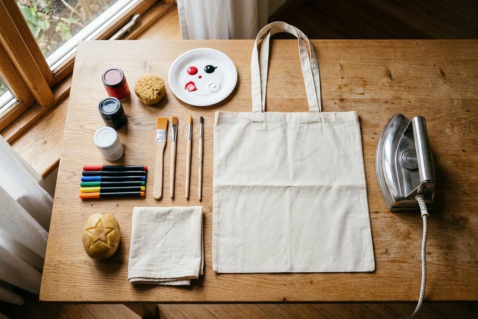 Le matériel à plat : peinture textile en pots, feutres textiles, pinceaux, pomme de terre coupée, tote bag écru et fer à repasser