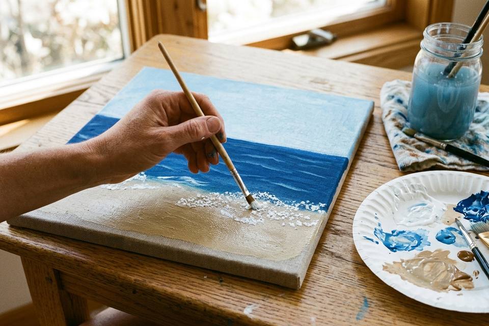 Le pinceau rond pose des touches de sable et de blanc sur la bande du bas, à côté de la mer sèche