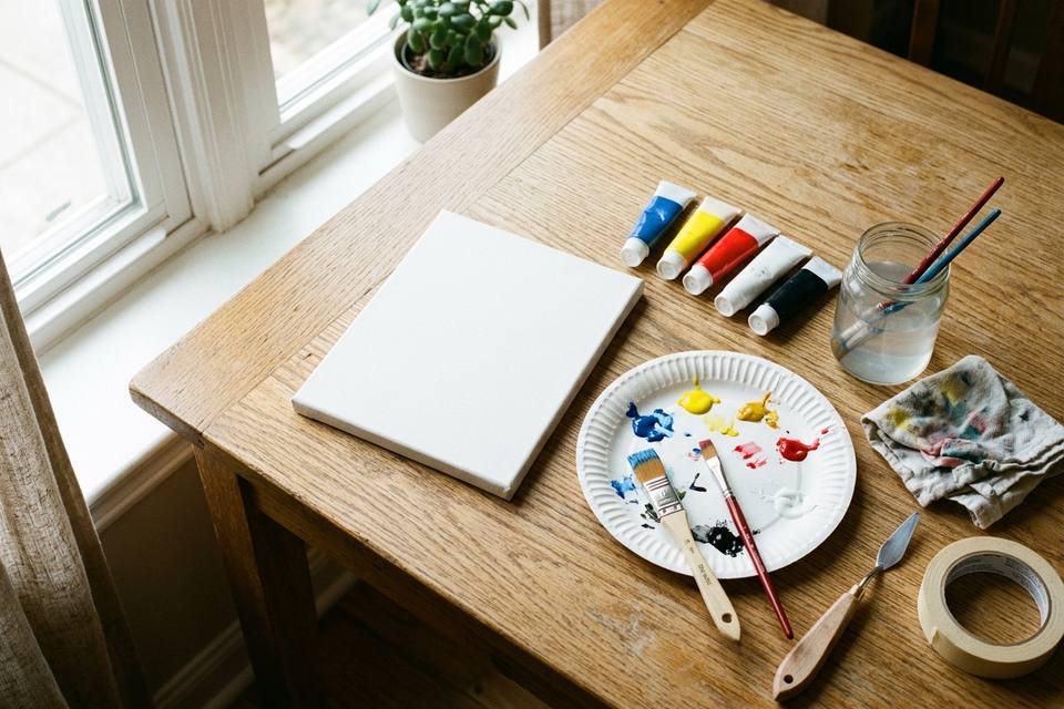 Le matériel à plat : une petite toile, quelques tubes d'acrylique, deux pinceaux, un verre d'eau, une palette et un chiffon