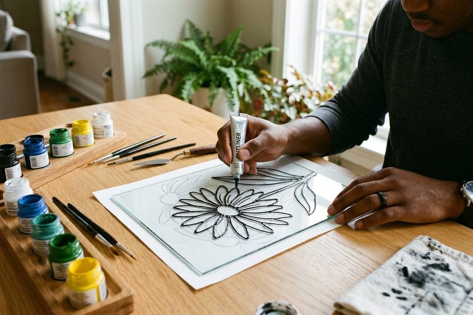 Un tube de contour trace les lignes d'une grande fleur sur un verre posé sur un gabarit