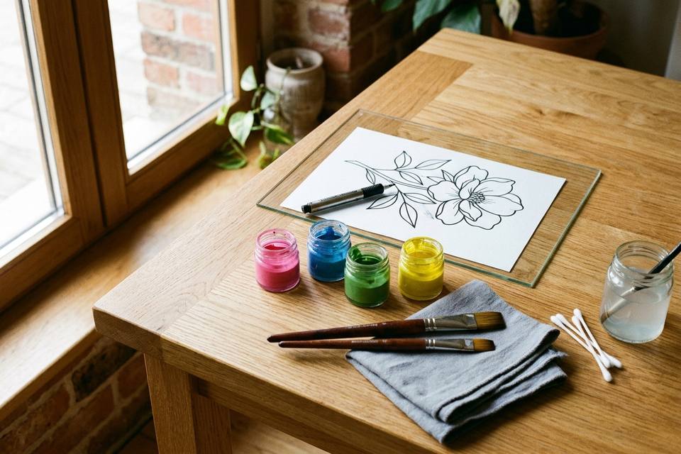 Le matériel à plat : un cadre en verre, un tube de contour, des pots de peinture vitrail, deux pinceaux souples, un chiffon et un gabarit en papier