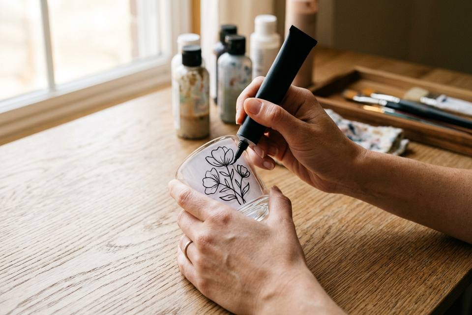 Une main trace un cerne relief noir sur un photophore en verre, un gabarit de fleurs glissé à l'intérieur