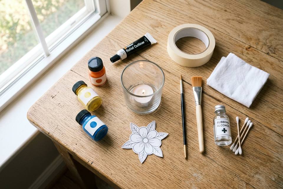 Le matériel à plat : un photophore en verre, des flacons de peinture pour verre, un tube de cerne relief, des pinceaux, du ruban adhésif et un chiffon