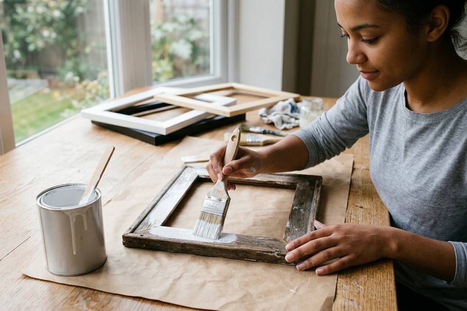 Des mains passent une couche de peinture blanche sur un vieux cadre en bois posé sur du papier journal