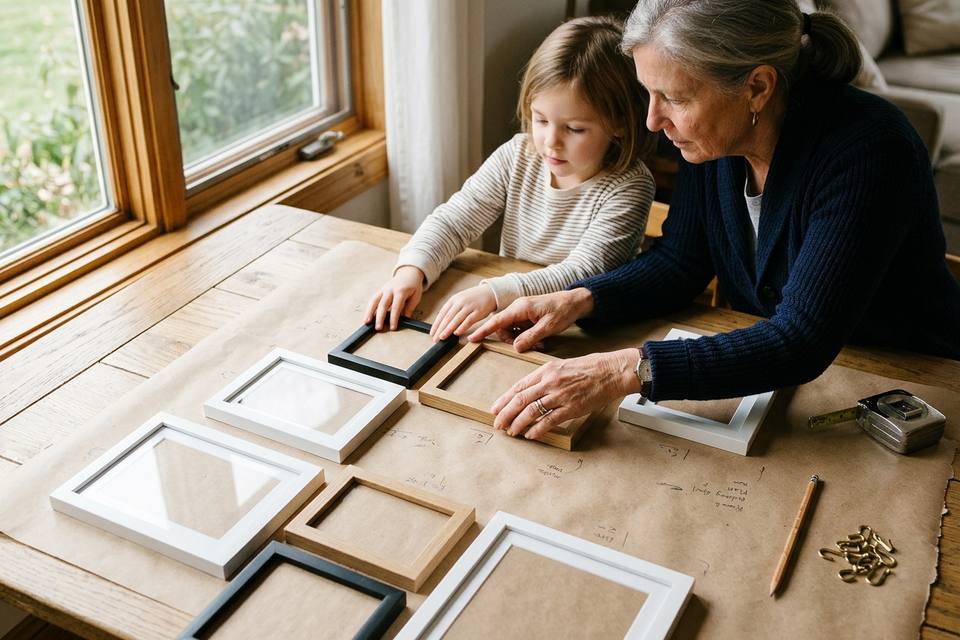 Des mains déplacent des cadres blancs, noirs et en bois sur une grande feuille de papier kraft posée sur la table