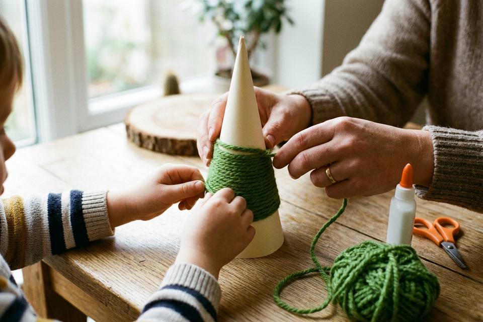 Des mains enroulent un fil de laine verte en spirale serrée autour d'un cône de papier, une pelote à côté