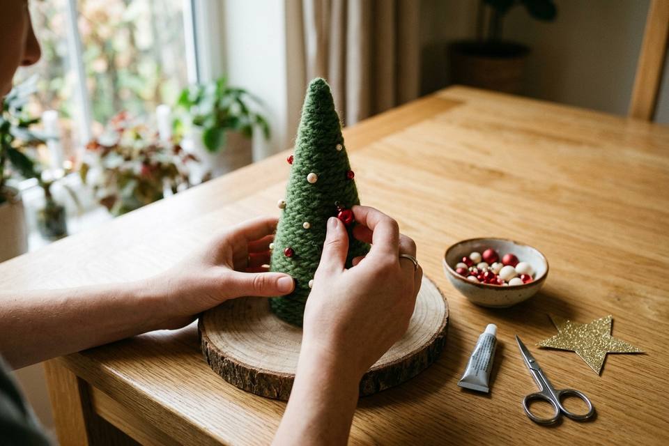 Des mains collent de minuscules boules rouges et crème sur le sapin de laine, entre un pot de perles et un tube de colle