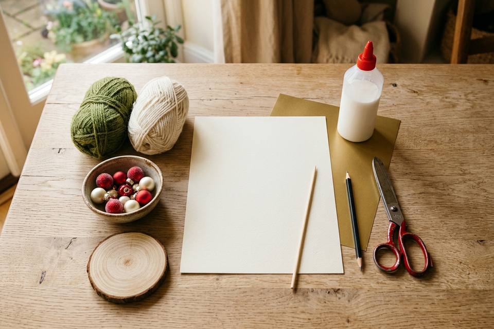 Le matériel à plat : papier épais, pelotes de laine verte, rondelle de bois, boules minuscules, colle, ciseaux et baguette en bois