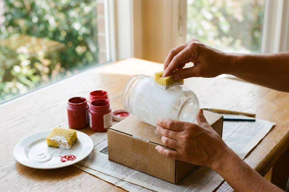 Une main tamponne de la peinture blanche avec une éponge sur un pot en verre posé sur du papier journal