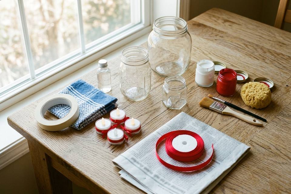 Le matériel à plat : pots en verre, peinture blanche et rouge, éponge, pinceaux, ruban de masquage, bougies LED