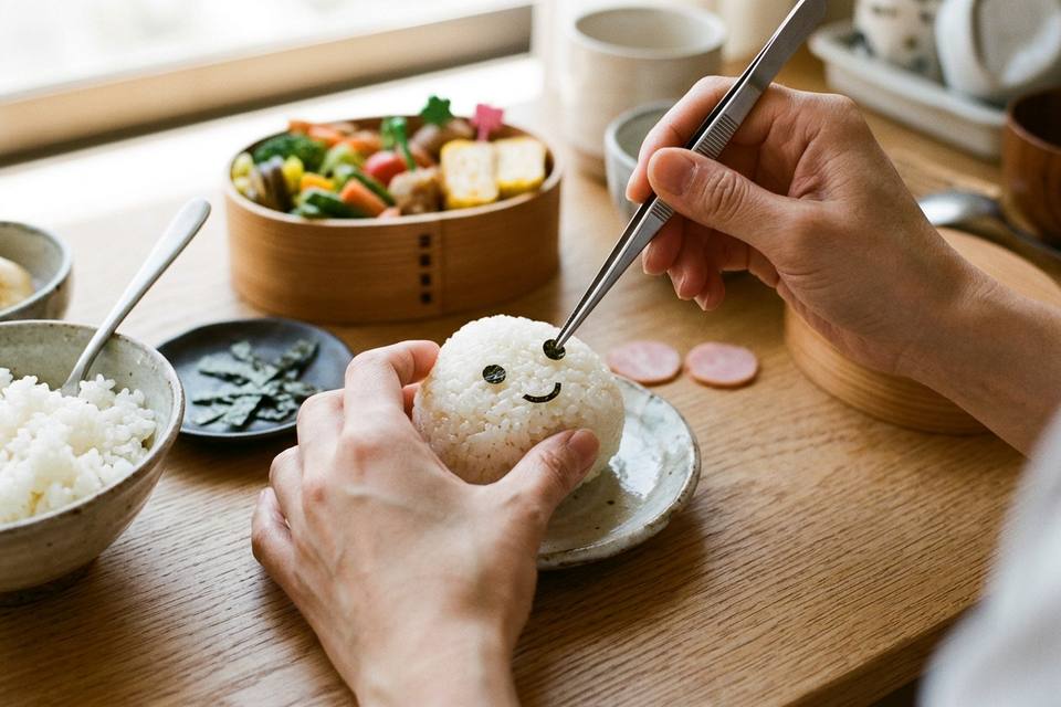 Deux mains posent des yeux en algue sur une boule de riz, avec une pince fine