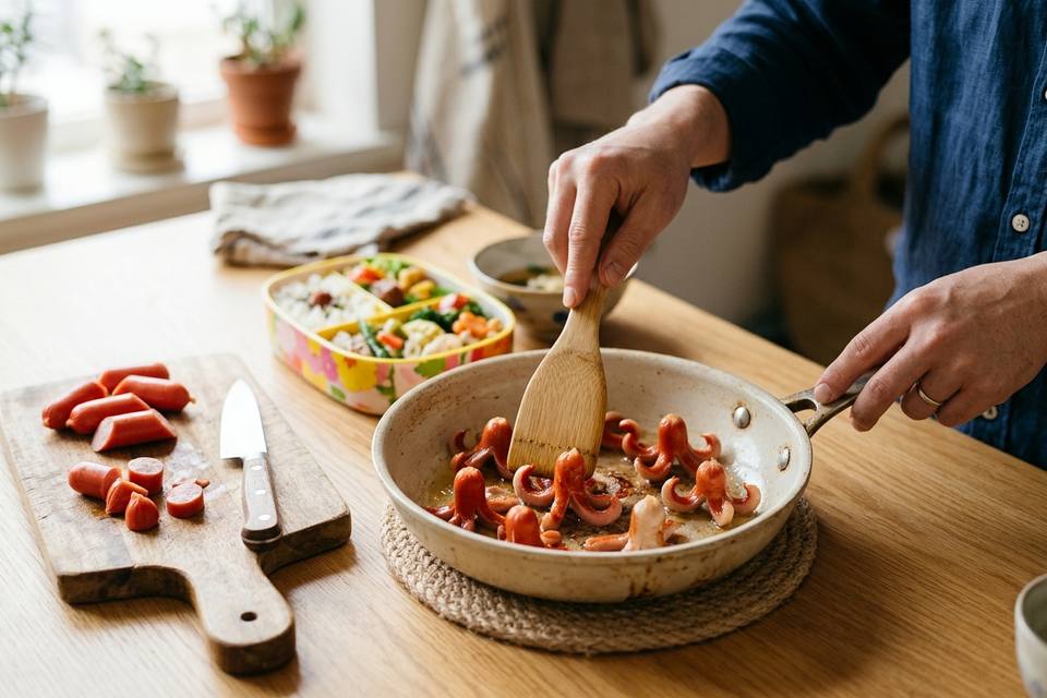 Des mains écartent les tentacules de petits poulpes en saucisse dans une poêle