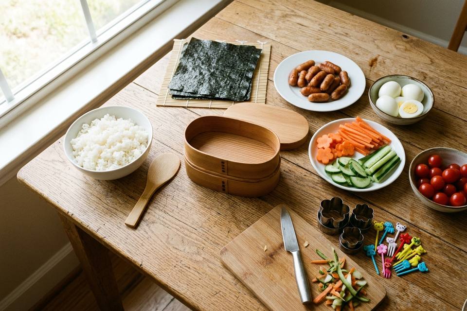 Le matériel à plat : boîte bento, riz, saucisses, œufs durs, légumes, piques colorés et emporte-pièces