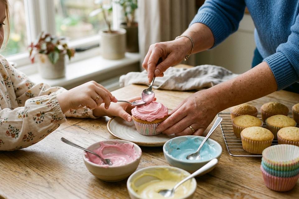 Des mains étalent un glaçage rose pastel sur un cupcake avec le dos d'une cuillère