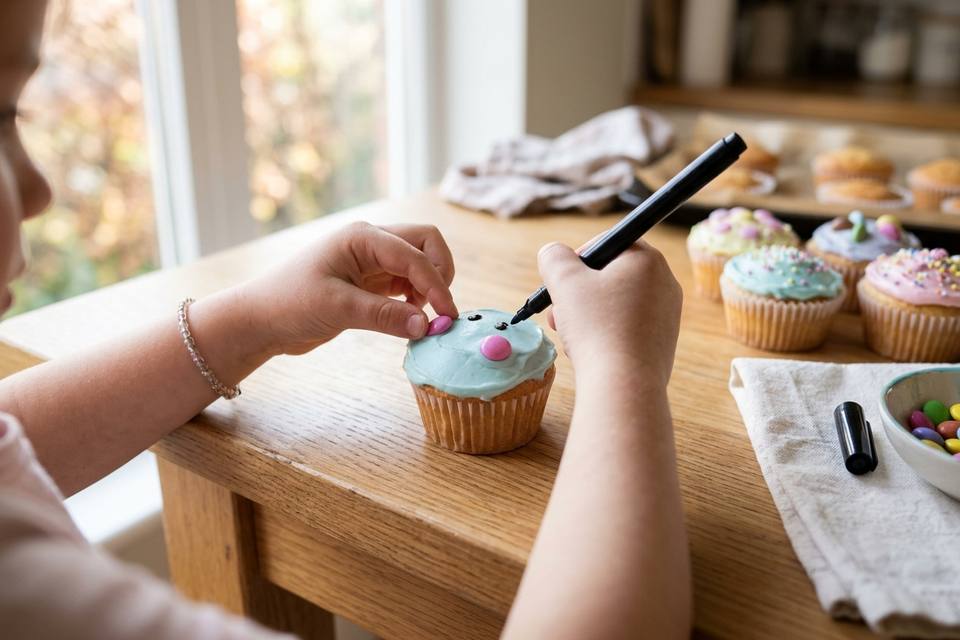 Des mains posent deux joues roses et dessinent des yeux au stylo alimentaire sur un cupcake glacé
