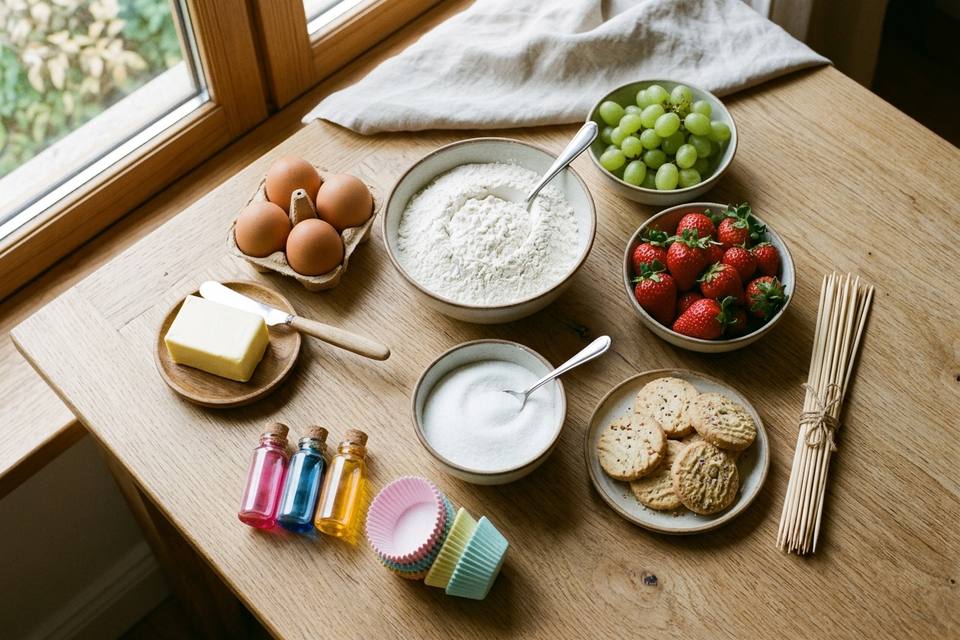Le matériel à plat : farine, sucre, œufs, beurre, colorants alimentaires, caissettes pastel, sucre glace, fruits, bonbons mous et stylo alimentaire