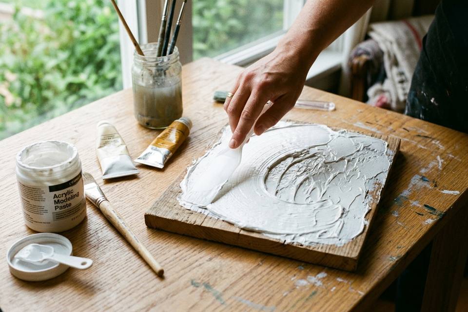 Une main étale de la pâte de structure blanche à la spatule sur un panneau, en traçant une large courbe