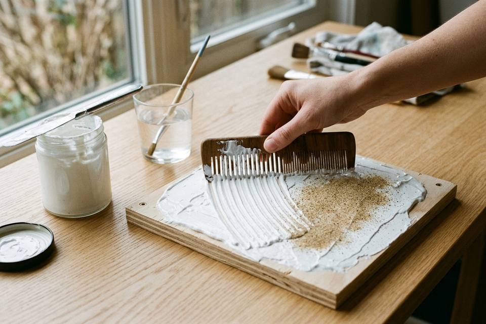 Une main trace des sillons dans la pâte fraîche avec le bout d'un peigne, à côté d'une zone saupoudrée de sable