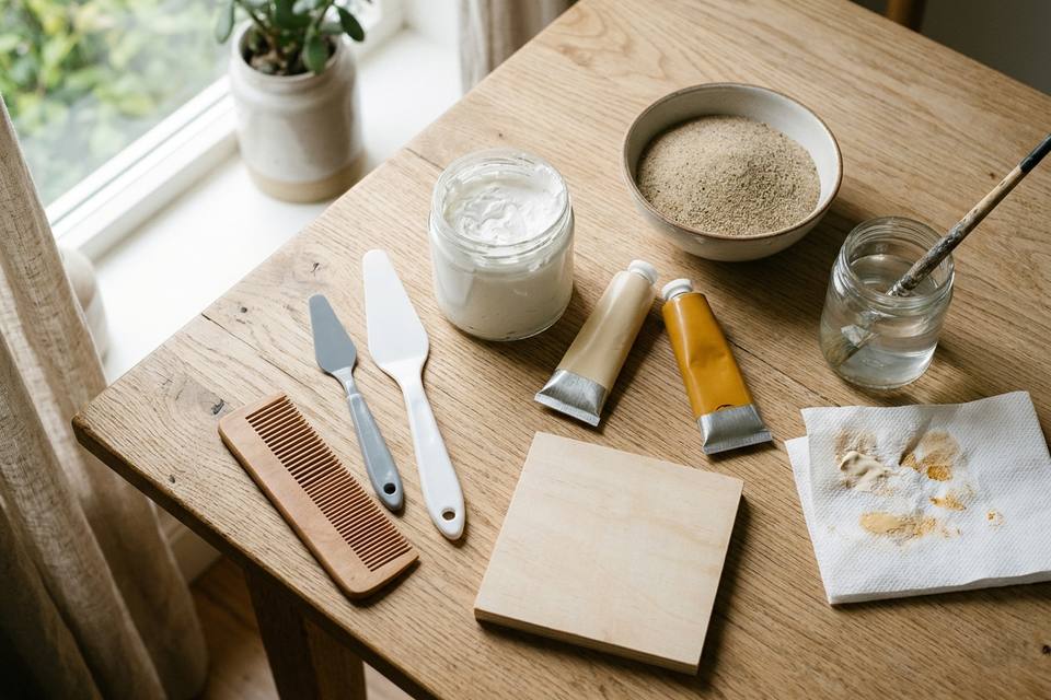 Le matériel à plat : pot de pâte de structure, spatules, peintures acryliques, panneau en bois, sable fin et gobelet d'eau