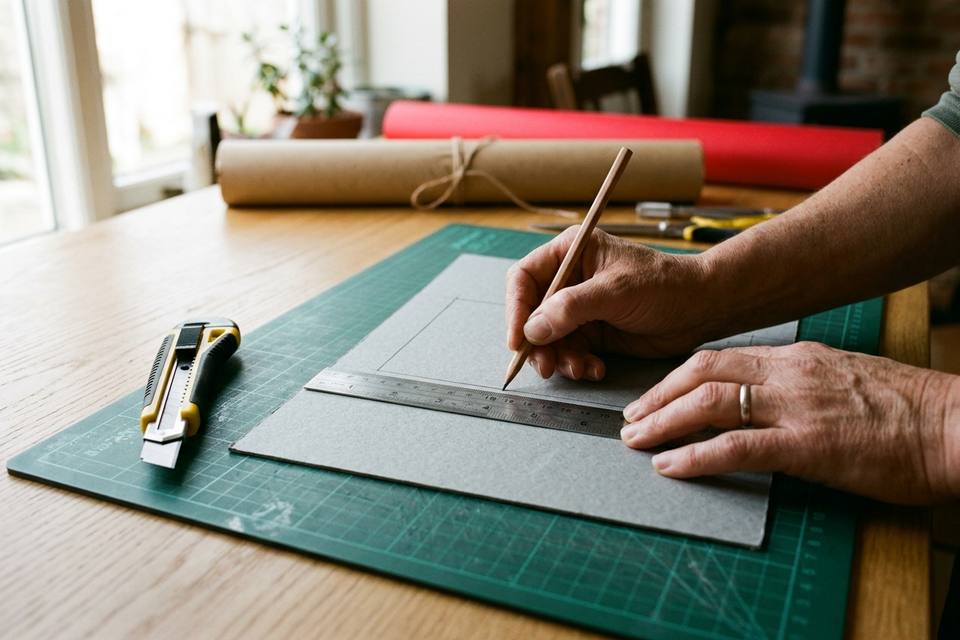 Deux mains tracent à la règle un rectangle sur une plaque de carton, un cutter posé à côté sur le tapis de découpe