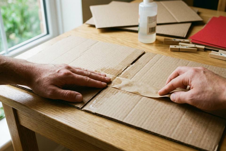 Les mains collent une bande de papier kraft le long de l'arête entre une face et un côté en carton