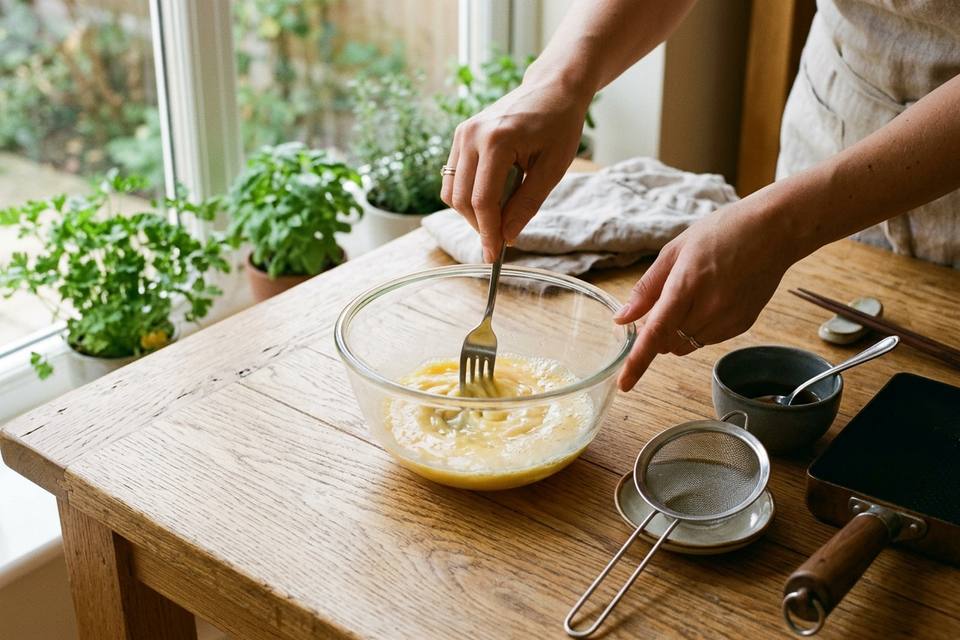 Deux mains battent des œufs à la fourchette dans un bol avec du dashi et de la sauce soja