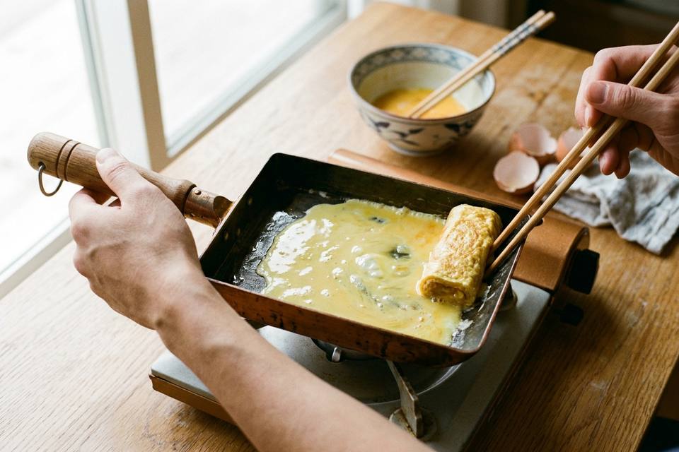 Un petit rouleau d'omelette poussé vers le bord d'une poêle rectangulaire, une nouvelle couche d'œuf liquide à côté