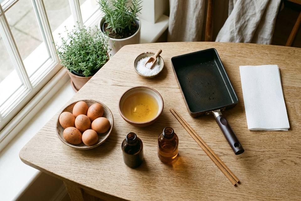 Le matériel à plat : œufs, bol de dashi, sauce soja, mirin, poêle rectangulaire, baguettes de cuisine et essuie-tout