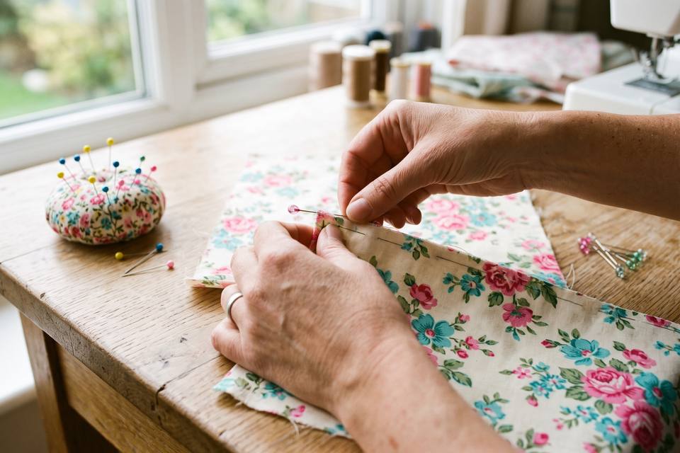 Deux mains épinglent les épaules de la tunique, endroit contre endroit, sur une table de couture