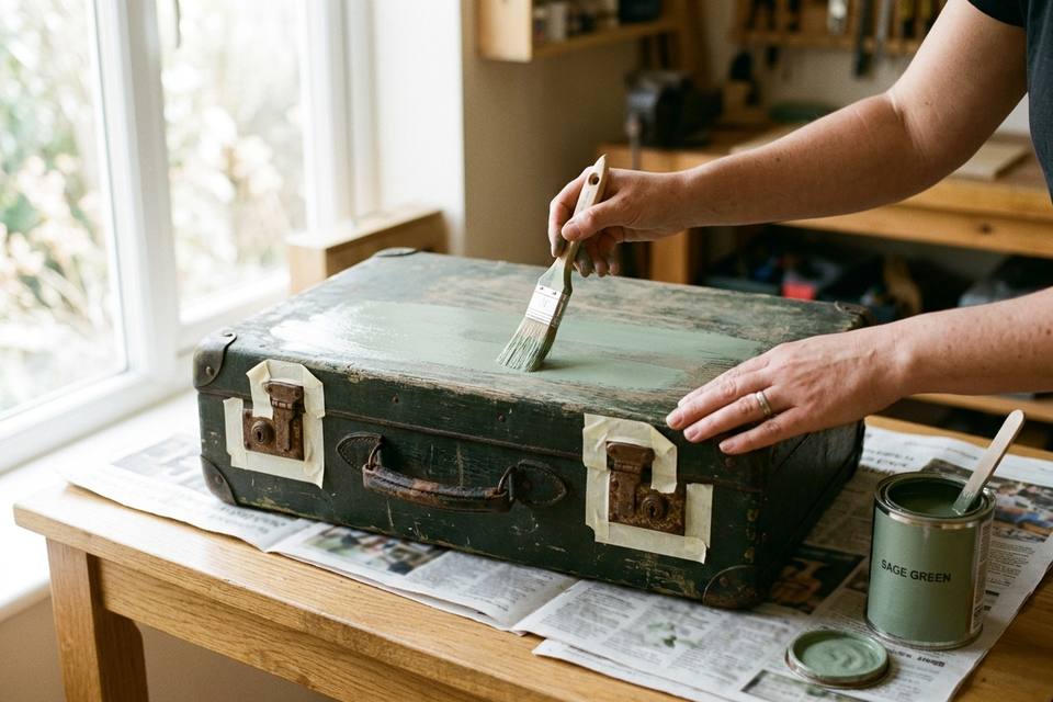 Des mains appliquent une première couche de peinture vert sauge au pinceau sur le dessus d'une valise posée sur une table en chêne, fermoirs protégés par du ruban de masquage