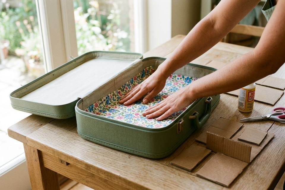Des mains collent un tissu à motifs sur le fond de la valise ouverte, à côté de cloisons de carton déjà découpées