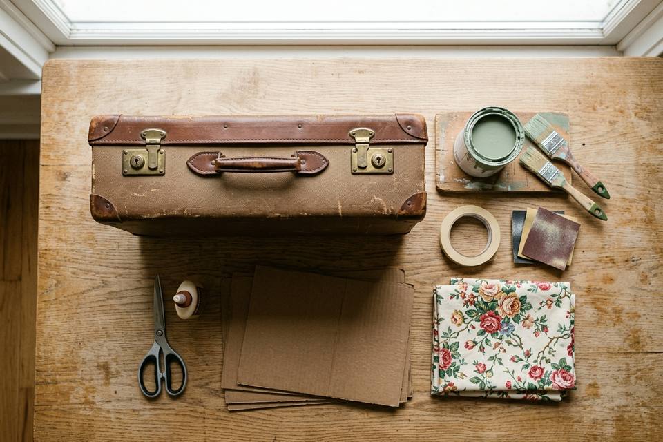 Le matériel à plat : une vieille valise, pot de peinture, rouleau de ruban de masquage, pinceaux, tissu, carton et colle