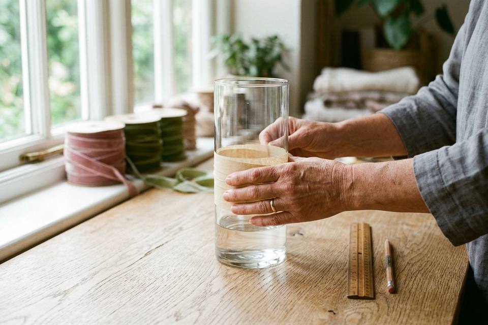 Deux mains posent un ruban de masquage horizontal autour d'un vase en verre, avec une règle posée sur la table pour vérifier le niveau