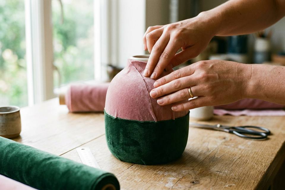 Un morceau de velours rose poudré est lissé du bout des doigts sur la partie haute d'un vase, au-dessus du velours vert déjà posé