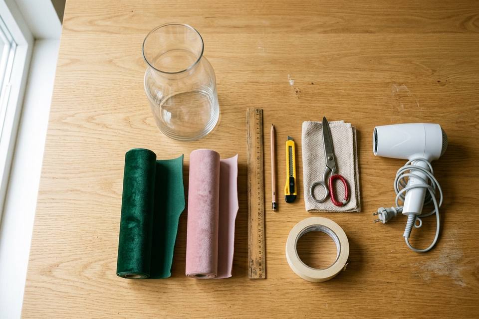 Le matériel à plat : un vase en verre, deux rouleaux de velours adhésif, ruban de masquage, règle, cutter et ciseaux