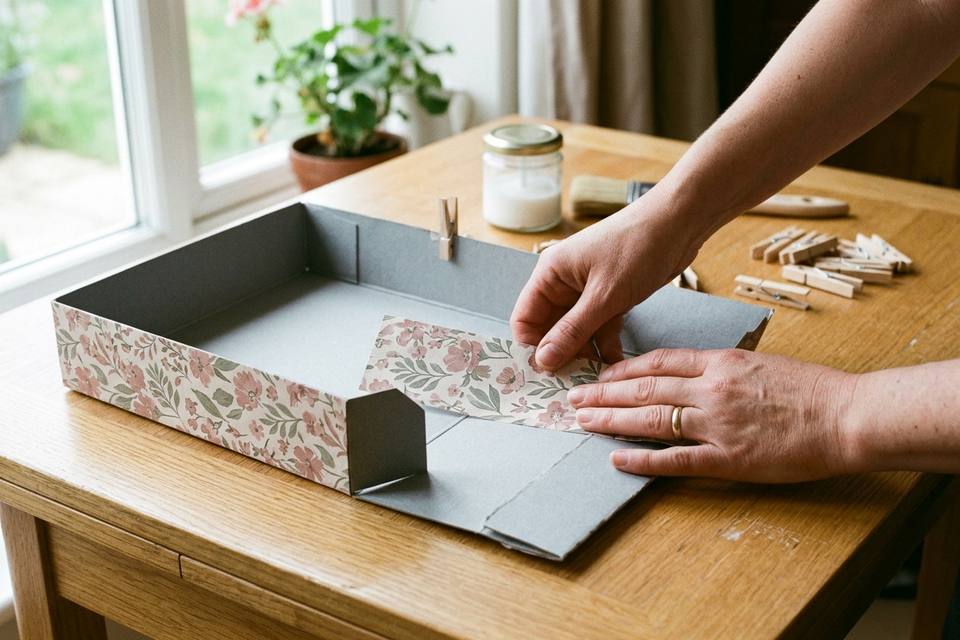 Le papier décoratif est lissé sur le côté du vide-poche, avec une bande déjà collée sur le bord voisin