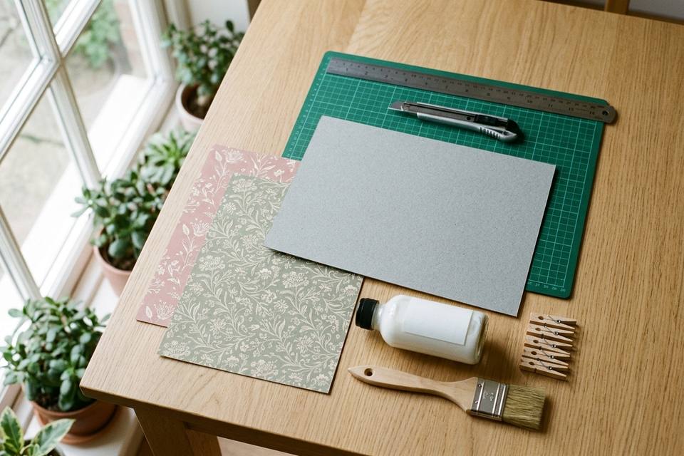 Vue de dessus : carton, règle, cutter, papier décoratif, colle blanche, pinceau et pinces à linge
